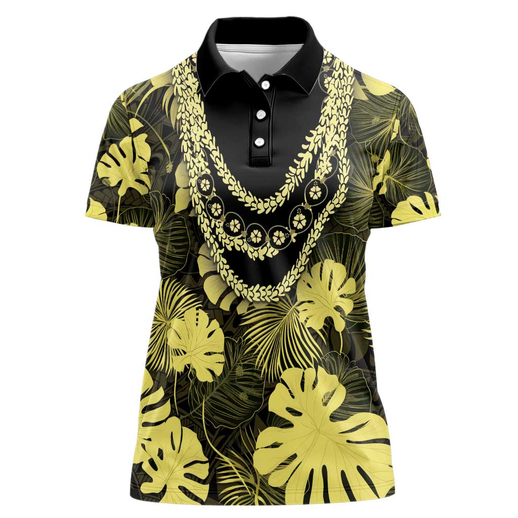 Yellow Hawaii Kukui Nut Lei Women Polo Shirt Hawaiian Pattern Monstera Tropical Vibes - Polynesian Pride