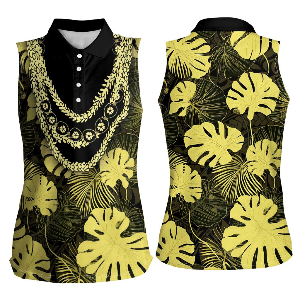 Yellow Hawaii Kukui Nut Lei Women Sleeveless Polo Shirt Hawaiian Pattern Monstera Tropical Vibes - Polynesian Pride