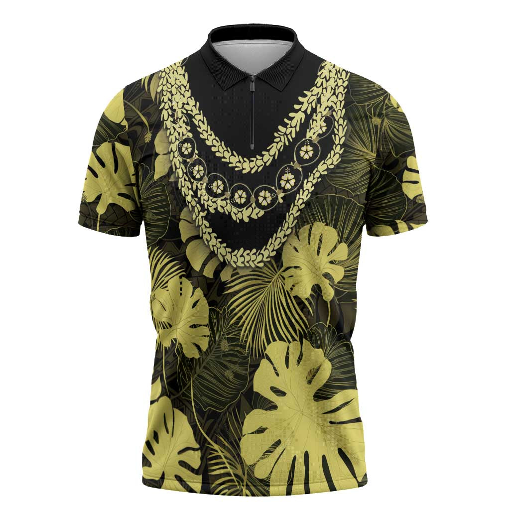 Yellow Hawaii Kukui Nut Lei Zipper Polo Shirt Hawaiian Pattern Monstera Tropical Vibes - Polynesian Pride