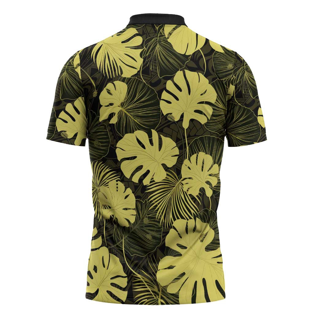 Yellow Hawaii Kukui Nut Lei Zipper Polo Shirt Hawaiian Pattern Monstera Tropical Vibes - Polynesian Pride