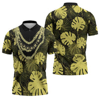 Yellow Hawaii Kukui Nut Lei Zipper Polo Shirt Hawaiian Pattern Monstera Tropical Vibes - Polynesian Pride