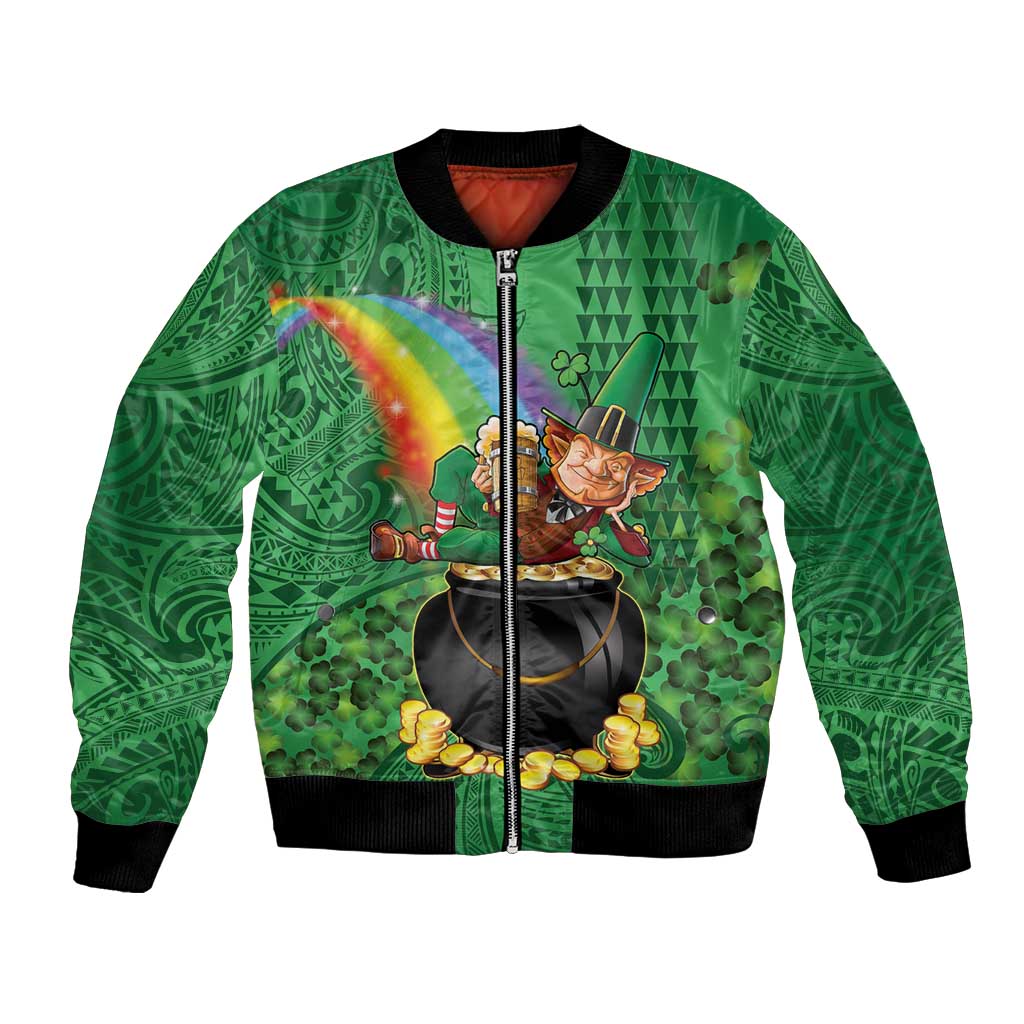 Hawaii Saint Patrick's Day Bomber Jacket Funny Leprechaun With Pot Of Gold - Polynesian Tattoo LT14 Unisex Green - Polynesian Pride