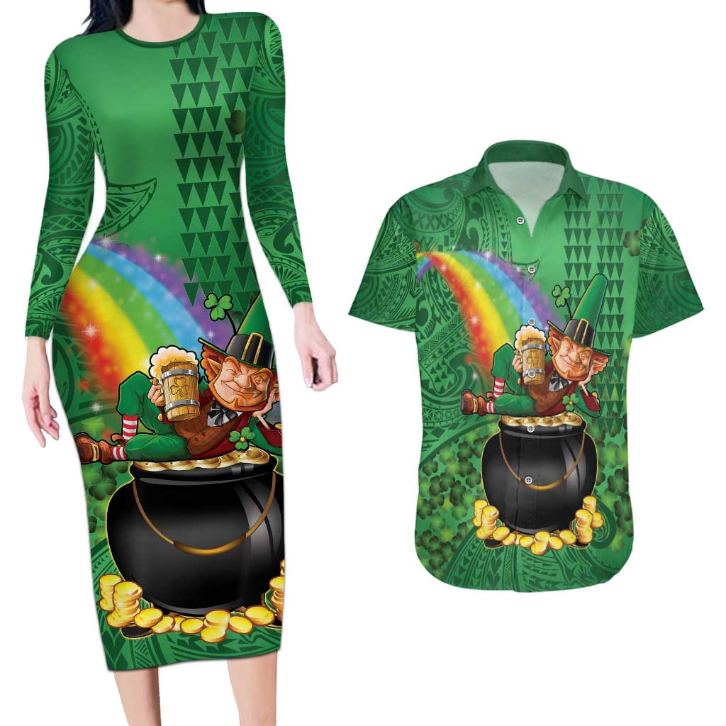 Hawaii Saint Patrick's Day Couples Matching Long Sleeve Bodycon Dress and Hawaiian Shirt Funny Leprechaun With Pot Of Gold - Polynesian Tattoo