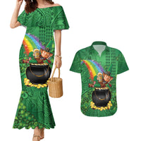 Hawaii Saint Patrick's Day Couples Matching Mermaid Dress and Hawaiian Shirt Funny Leprechaun With Pot Of Gold - Polynesian Tattoo