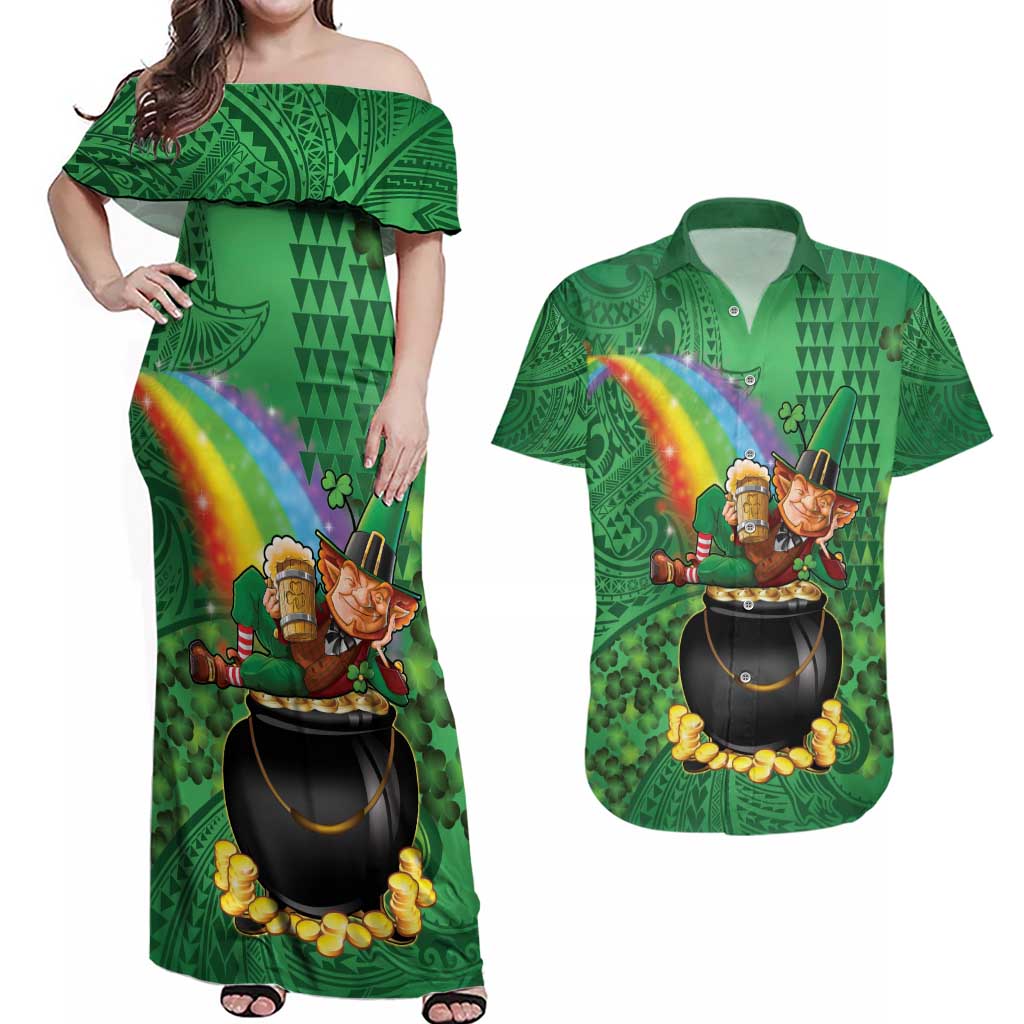 Hawaii Saint Patrick's Day Couples Matching Off Shoulder Maxi Dress and Hawaiian Shirt Funny Leprechaun With Pot Of Gold - Polynesian Tattoo
