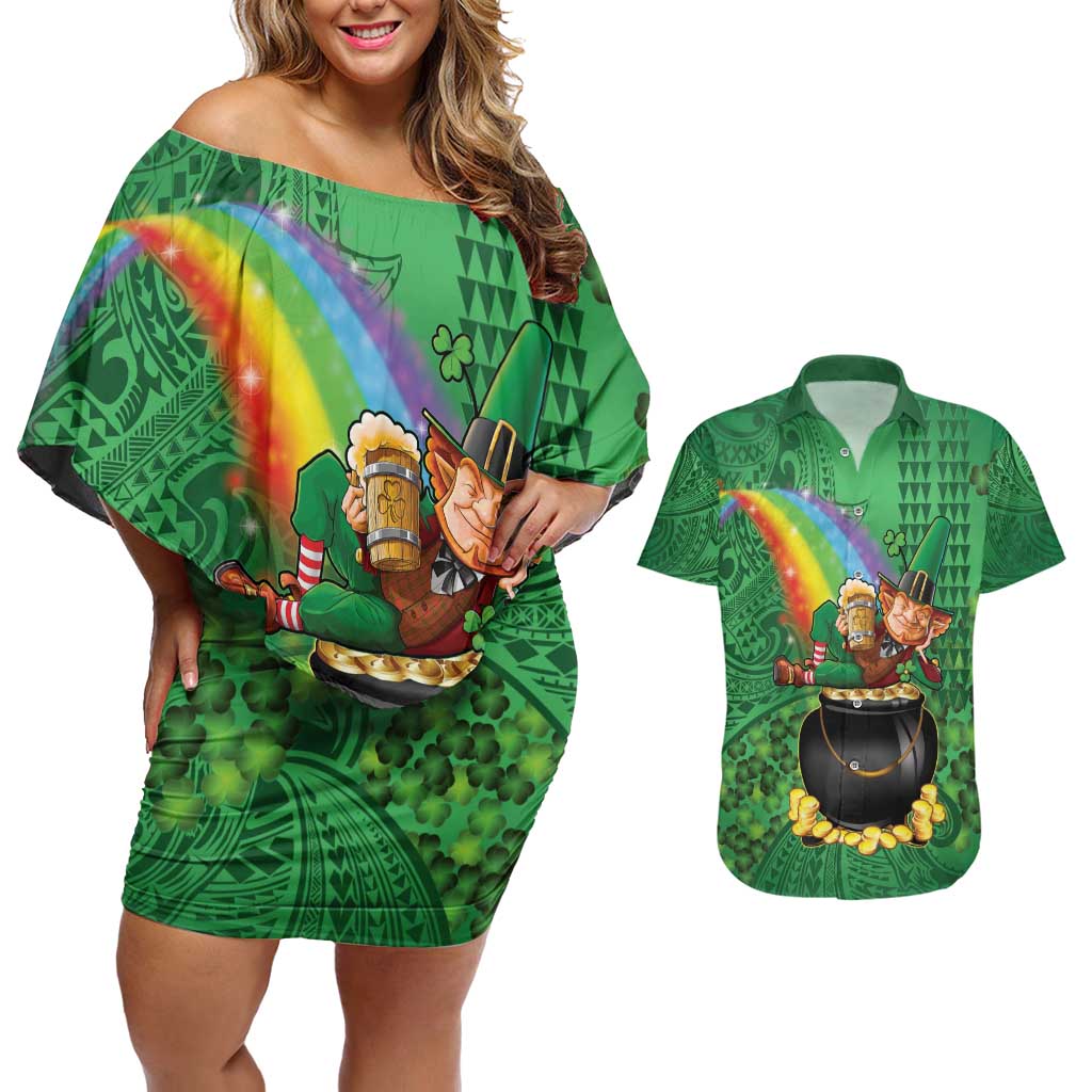 Hawaii Saint Patrick's Day Couples Matching Off Shoulder Short Dress and Hawaiian Shirt Funny Leprechaun With Pot Of Gold - Polynesian Tattoo