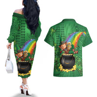 Hawaii Saint Patrick's Day Couples Matching Off The Shoulder Long Sleeve Dress and Hawaiian Shirt Funny Leprechaun With Pot Of Gold - Polynesian Tattoo