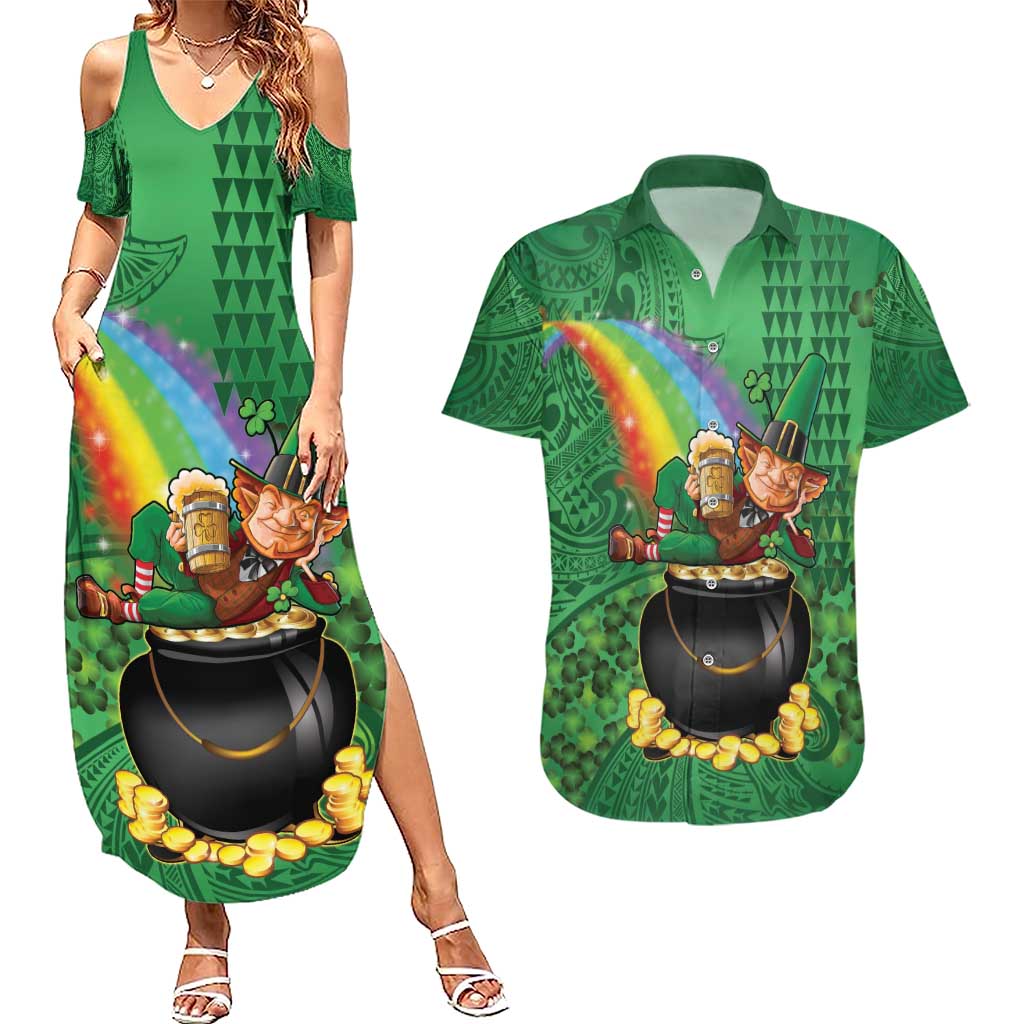 Hawaii Saint Patrick's Day Couples Matching Summer Maxi Dress and Hawaiian Shirt Funny Leprechaun With Pot Of Gold - Polynesian Tattoo