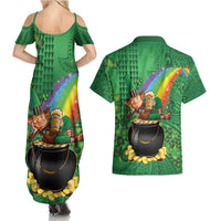 Hawaii Saint Patrick's Day Couples Matching Summer Maxi Dress and Hawaiian Shirt Funny Leprechaun With Pot Of Gold - Polynesian Tattoo