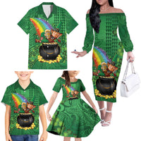 Hawaii Saint Patrick's Day Family Matching Off The Shoulder Long Sleeve Dress and Hawaiian Shirt Funny Leprechaun With Pot Of Gold - Polynesian Tattoo