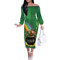 Hawaii Saint Patrick's Day Family Matching Off The Shoulder Long Sleeve Dress and Hawaiian Shirt Funny Leprechaun With Pot Of Gold - Polynesian Tattoo
