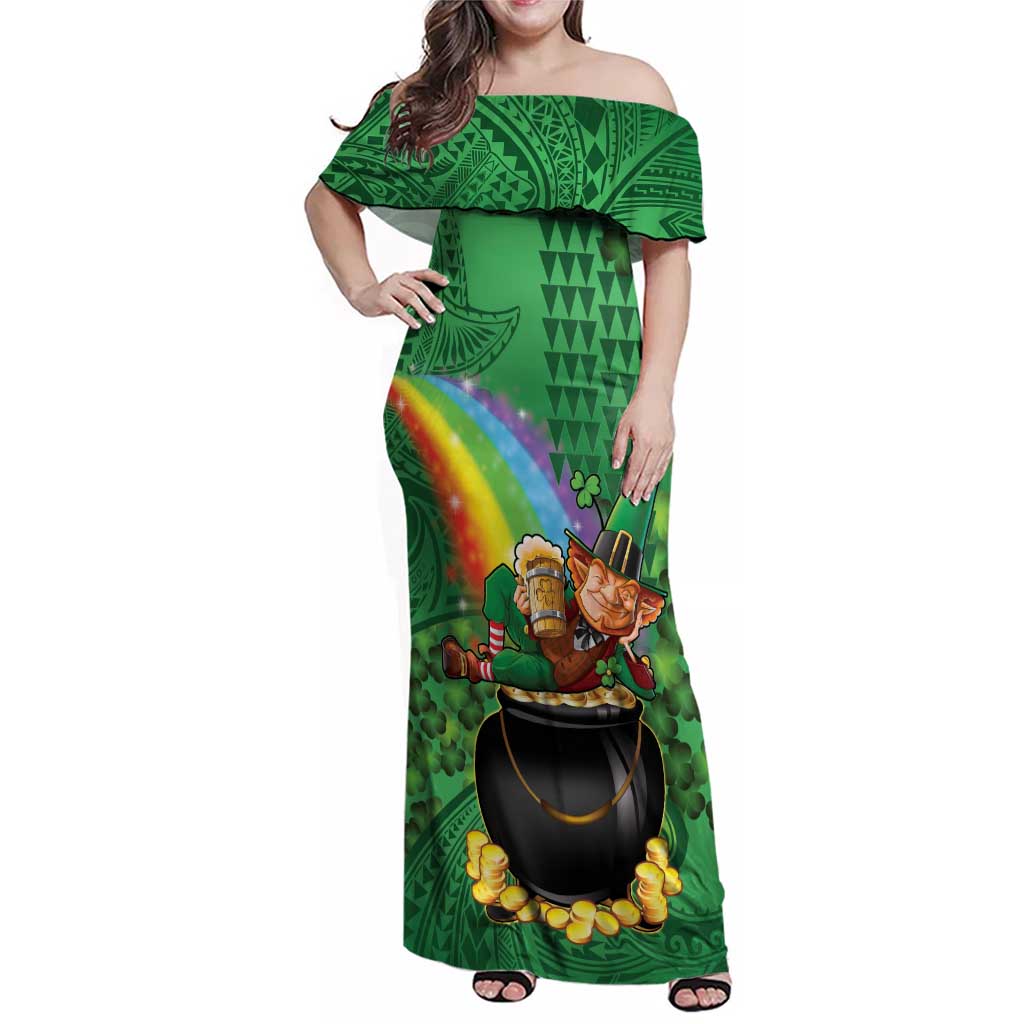 Hawaii Saint Patrick's Day Family Matching Off Shoulder Maxi Dress and Hawaiian Shirt Funny Leprechaun With Pot Of Gold - Polynesian Tattoo