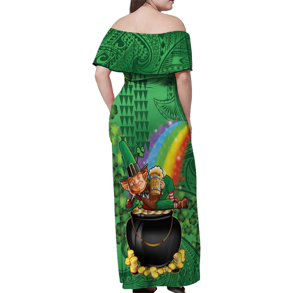 Hawaii Saint Patrick's Day Family Matching Off Shoulder Maxi Dress and Hawaiian Shirt Funny Leprechaun With Pot Of Gold - Polynesian Tattoo