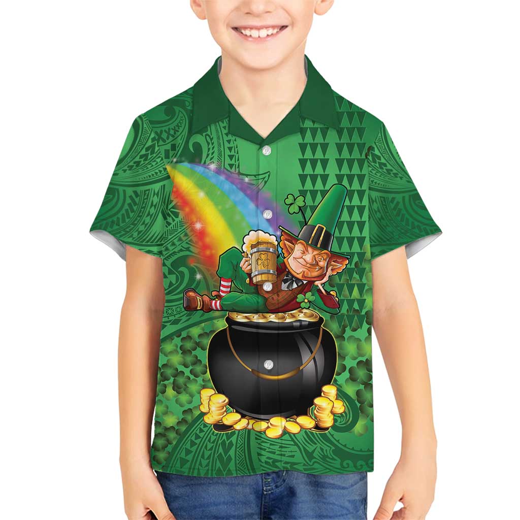 Hawaii Saint Patrick's Day Family Matching Off Shoulder Short Dress and Hawaiian Shirt Funny Leprechaun With Pot Of Gold - Polynesian Tattoo