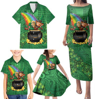 Hawaii Saint Patrick's Day Family Matching Puletasi and Hawaiian Shirt Funny Leprechaun With Pot Of Gold - Polynesian Tattoo