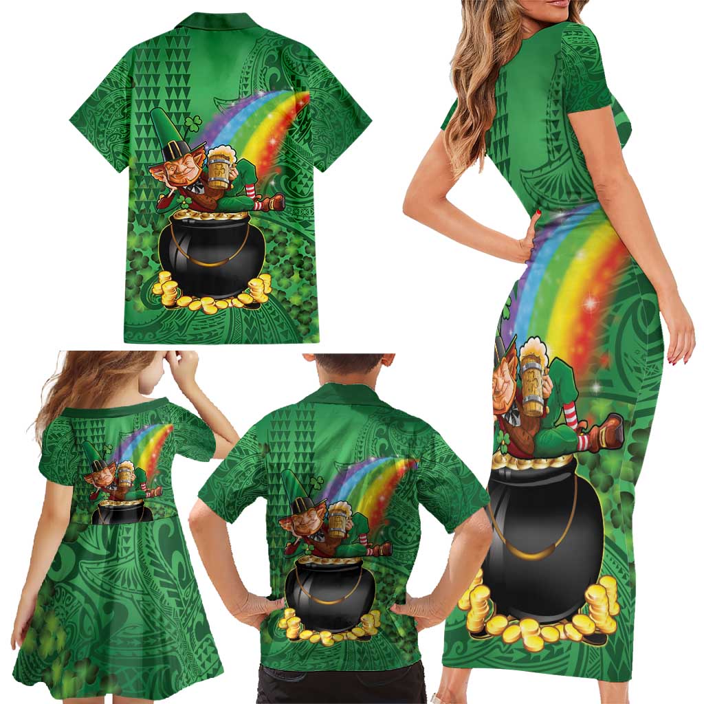 Hawaii Saint Patrick's Day Family Matching Short Sleeve Bodycon Dress and Hawaiian Shirt Funny Leprechaun With Pot Of Gold - Polynesian Tattoo
