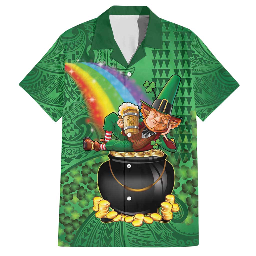 Hawaii Saint Patrick's Day Family Matching Short Sleeve Bodycon Dress and Hawaiian Shirt Funny Leprechaun With Pot Of Gold - Polynesian Tattoo