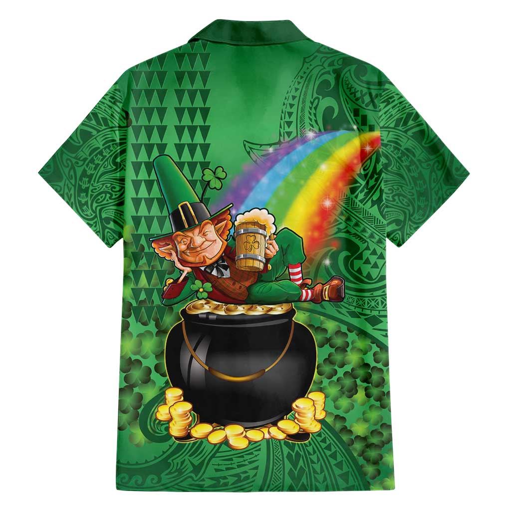 Hawaii Saint Patrick's Day Family Matching Short Sleeve Bodycon Dress and Hawaiian Shirt Funny Leprechaun With Pot Of Gold - Polynesian Tattoo