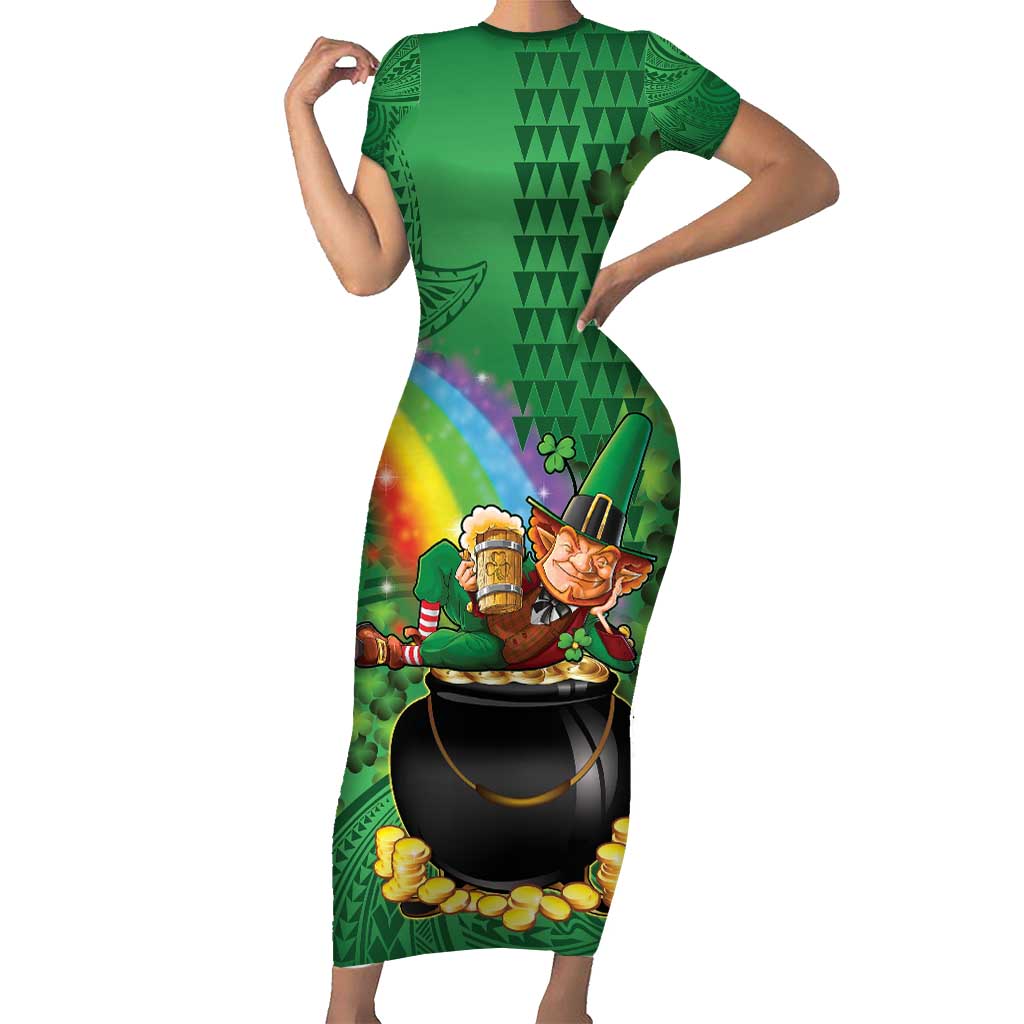 Hawaii Saint Patrick's Day Family Matching Short Sleeve Bodycon Dress and Hawaiian Shirt Funny Leprechaun With Pot Of Gold - Polynesian Tattoo