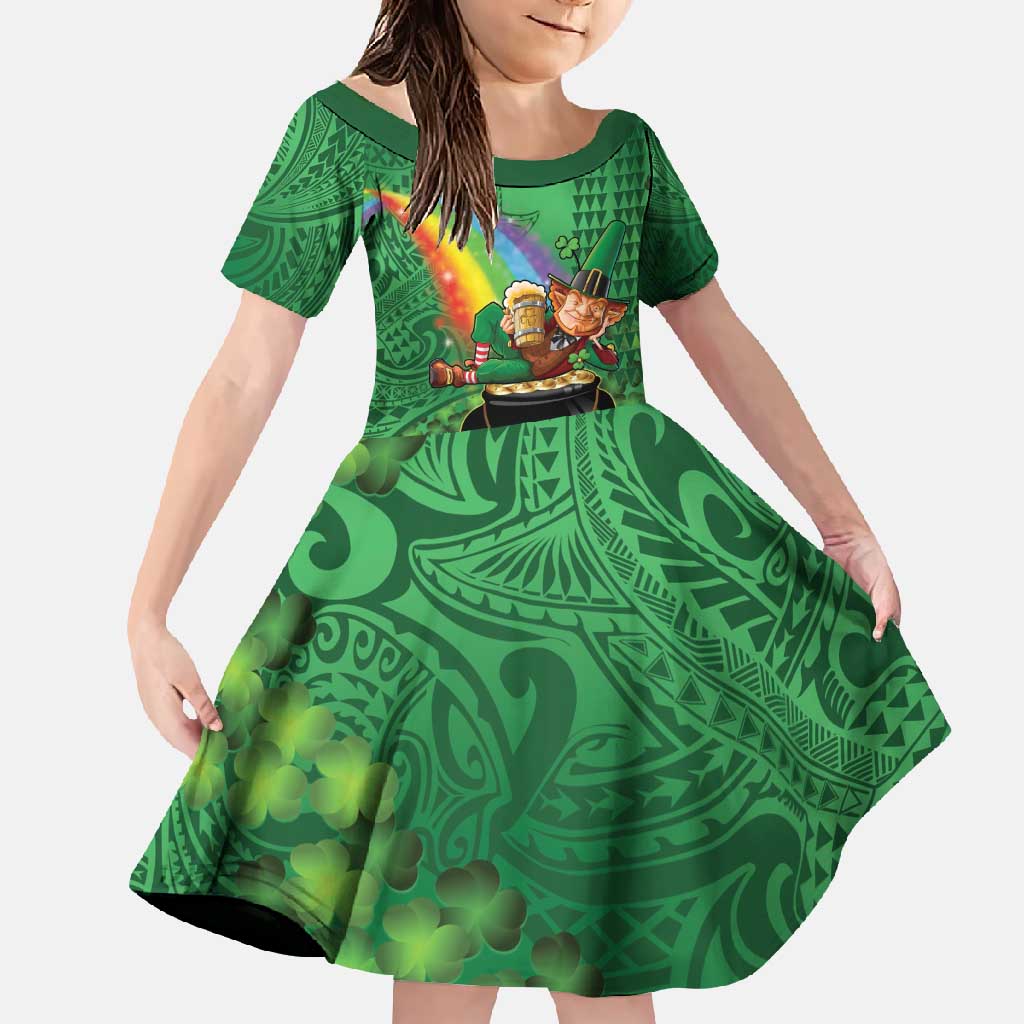 Hawaii Saint Patrick's Day Family Matching Summer Maxi Dress and Hawaiian Shirt Funny Leprechaun With Pot Of Gold - Polynesian Tattoo