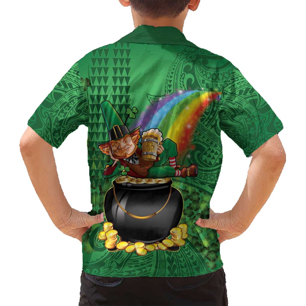 Hawaii Saint Patrick's Day Family Matching Tank Maxi Dress and Hawaiian Shirt Funny Leprechaun With Pot Of Gold - Polynesian Tattoo
