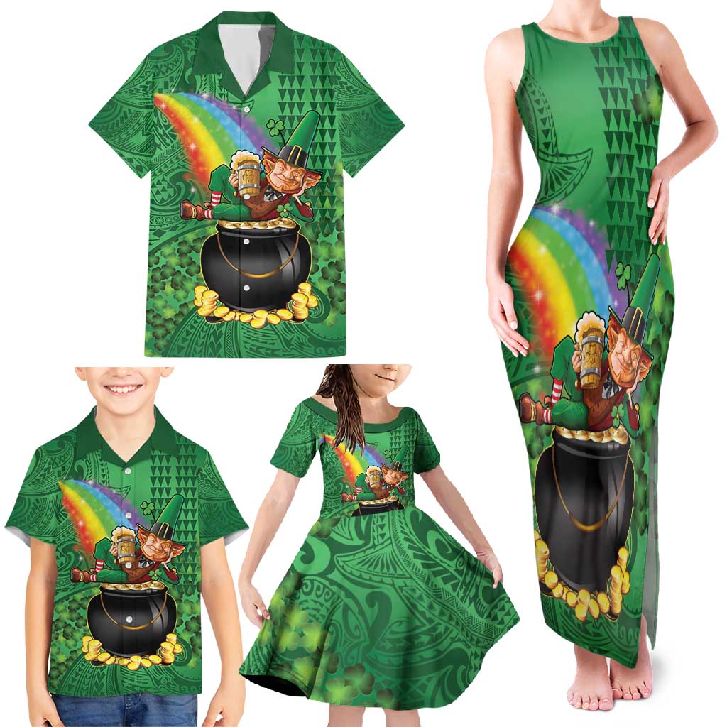 Hawaii Saint Patrick's Day Family Matching Tank Maxi Dress and Hawaiian Shirt Funny Leprechaun With Pot Of Gold - Polynesian Tattoo