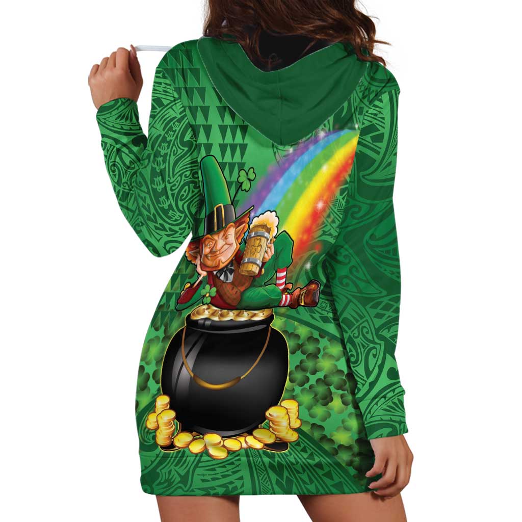 Hawaii Saint Patrick's Day Hoodie Dress Funny Leprechaun With Pot Of Gold - Polynesian Tattoo