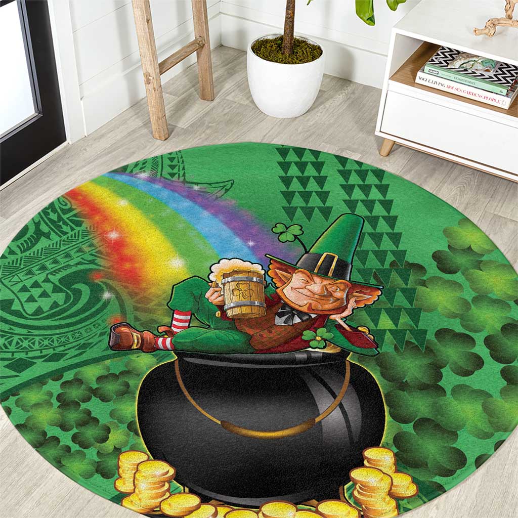 Hawaii Saint Patrick's Day Round Carpet Funny Leprechaun With Pot Of Gold - Polynesian Tattoo LT14 Green - Polynesian Pride