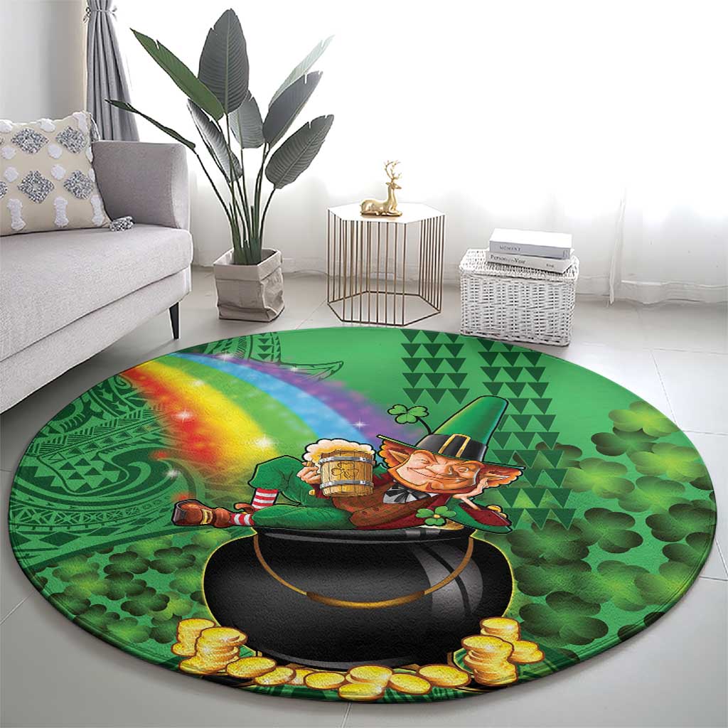 Hawaii Saint Patrick's Day Round Carpet Funny Leprechaun With Pot Of Gold - Polynesian Tattoo LT14 - Polynesian Pride