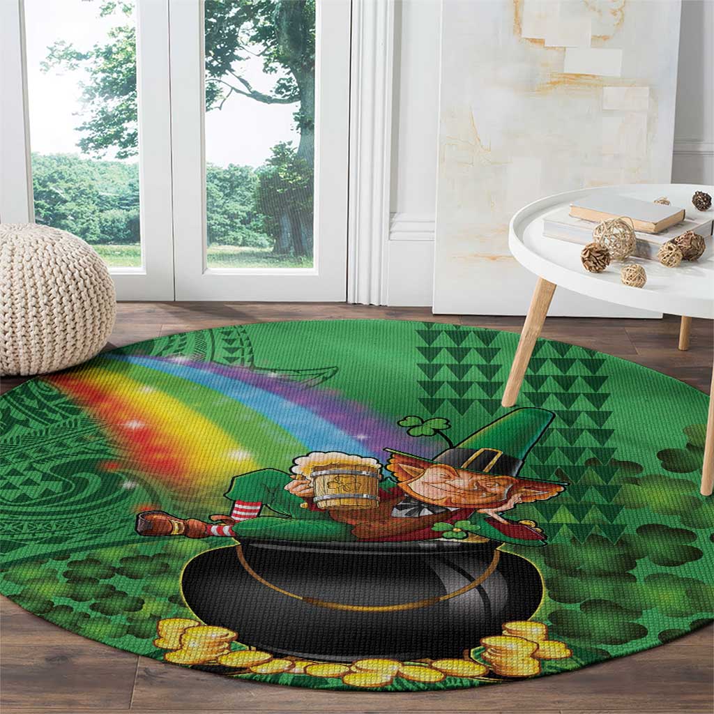 Hawaii Saint Patrick's Day Round Carpet Funny Leprechaun With Pot Of Gold - Polynesian Tattoo LT14 - Polynesian Pride