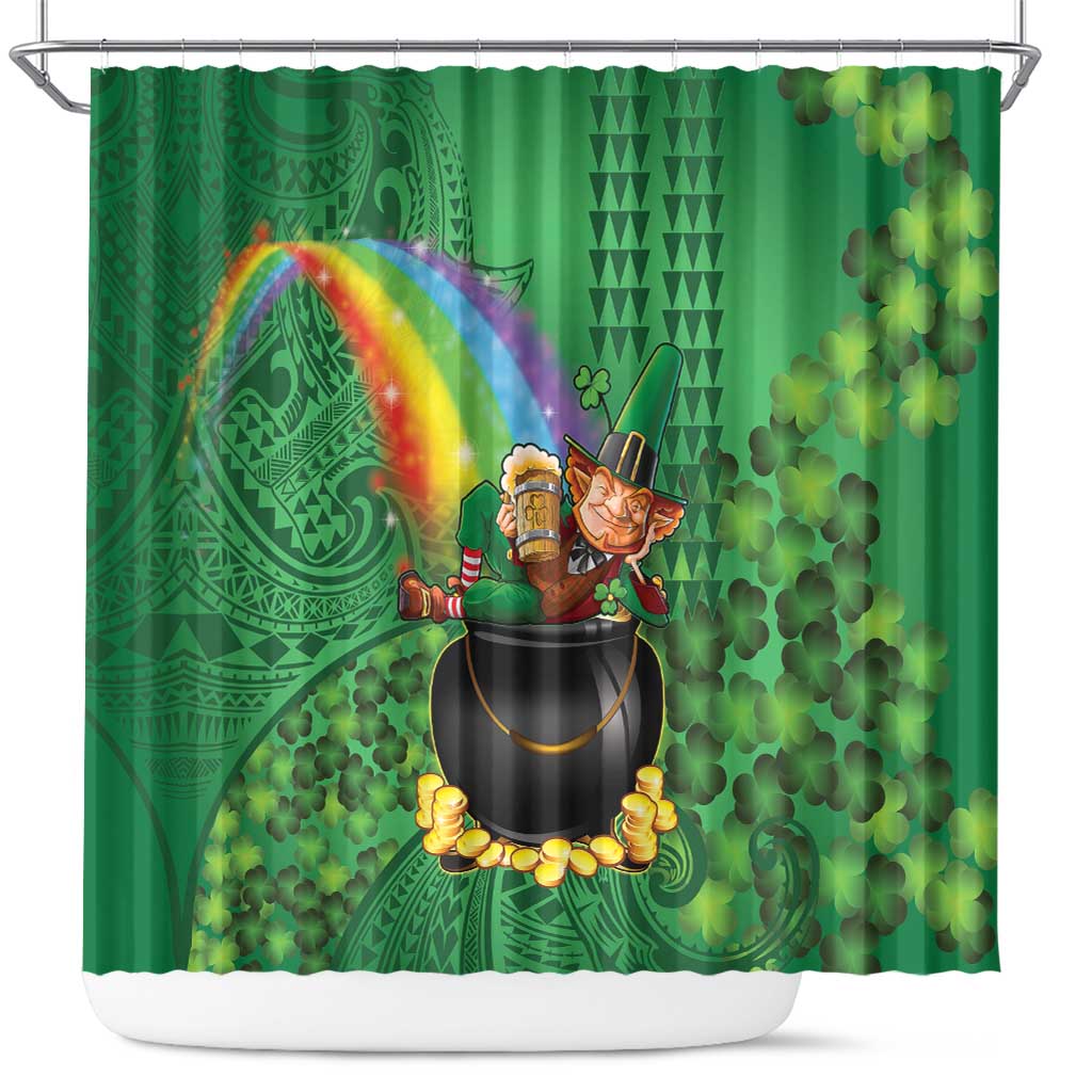 Hawaii Saint Patrick's Day Shower Curtain Funny Leprechaun With Pot Of Gold - Polynesian Tattoo LT14 Green - Polynesian Pride