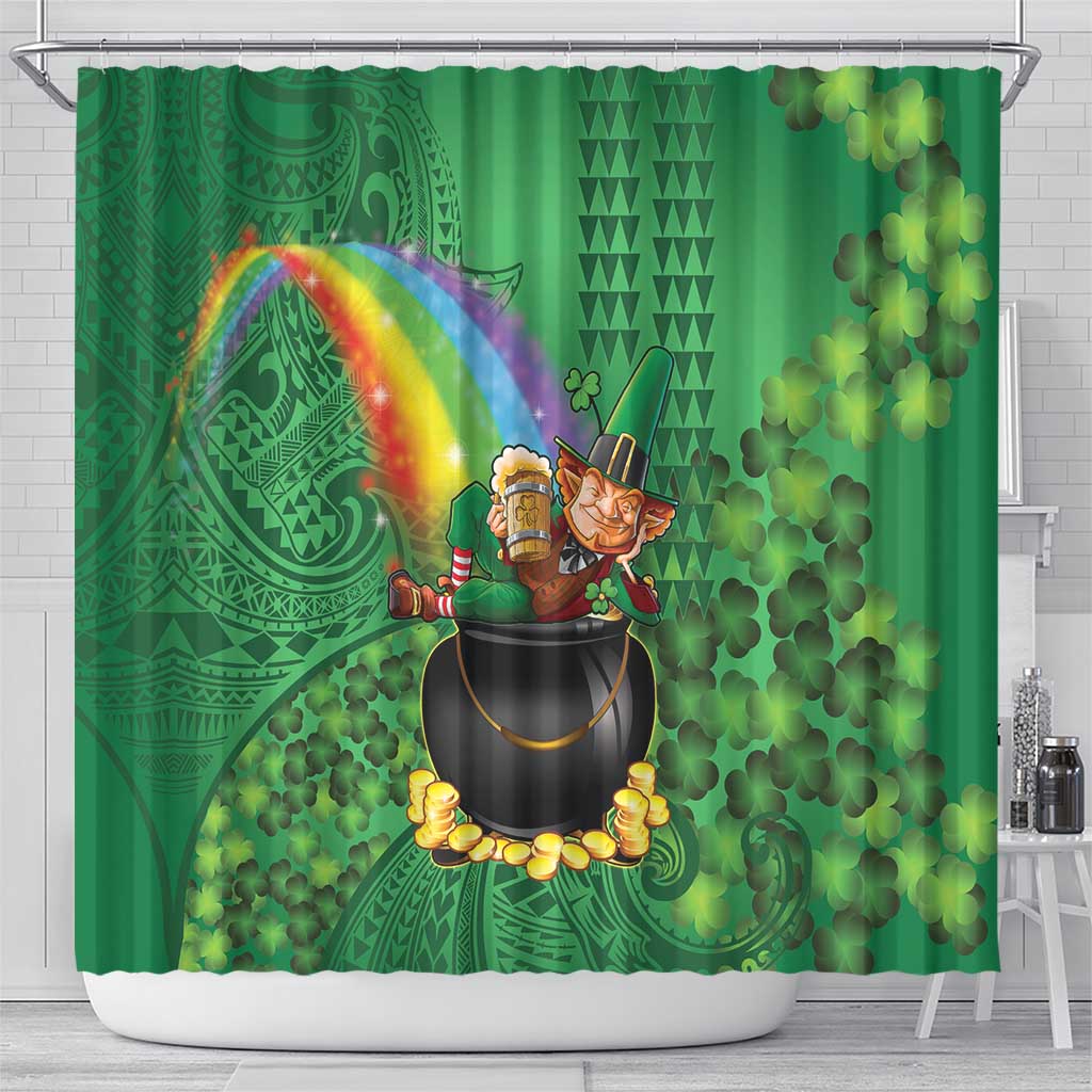 Hawaii Saint Patrick's Day Shower Curtain Funny Leprechaun With Pot Of Gold - Polynesian Tattoo LT14 - Polynesian Pride