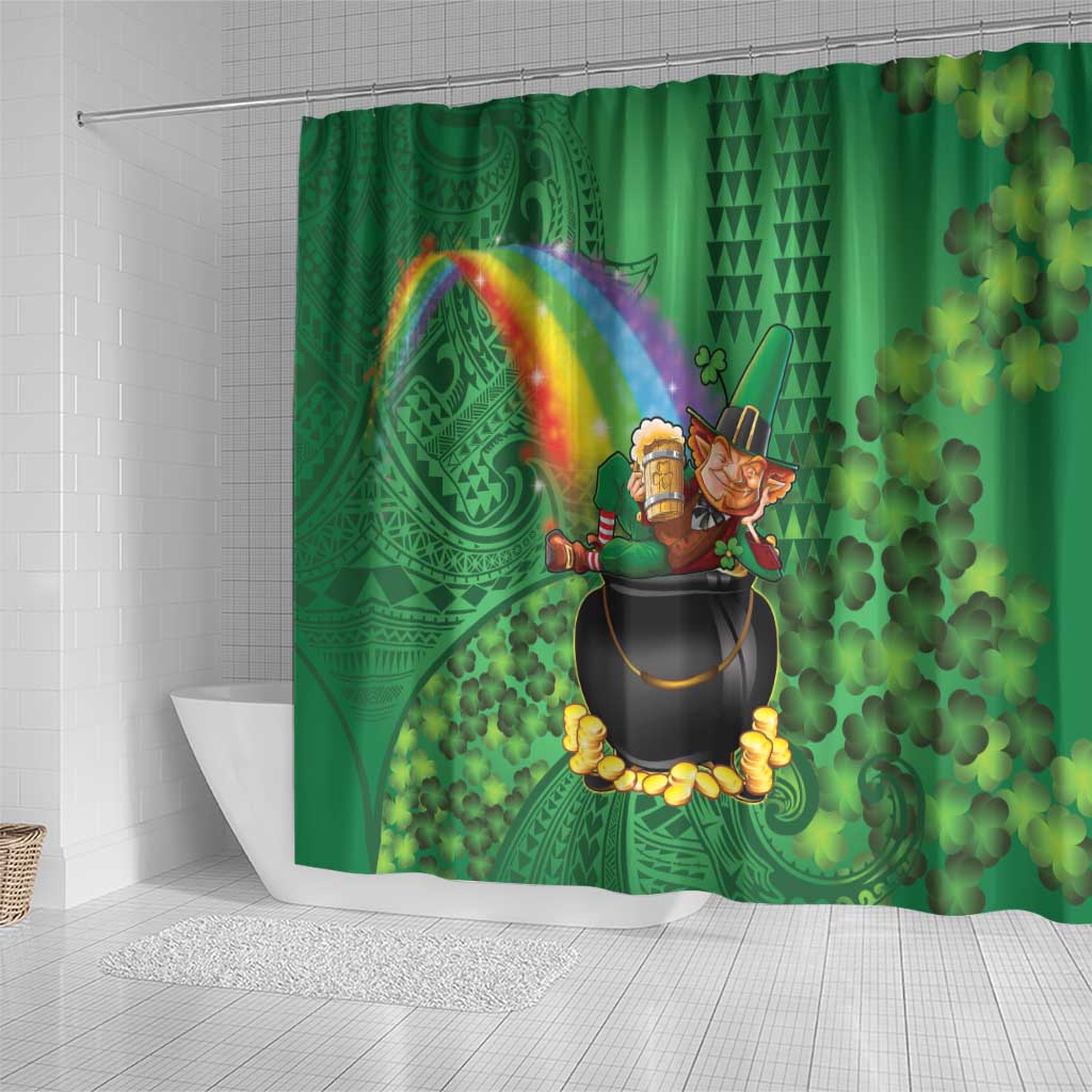 Hawaii Saint Patrick's Day Shower Curtain Funny Leprechaun With Pot Of Gold - Polynesian Tattoo LT14 - Polynesian Pride