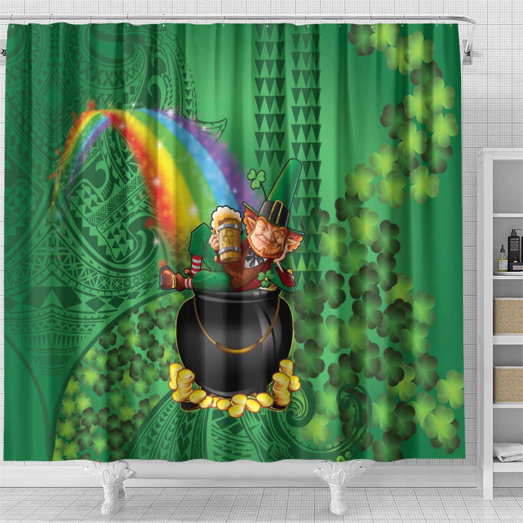 Hawaii Saint Patrick's Day Shower Curtain Funny Leprechaun With Pot Of Gold - Polynesian Tattoo LT14 - Polynesian Pride