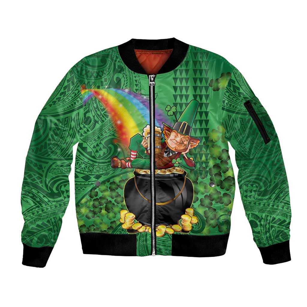 Hawaii Saint Patrick's Day Sleeve Zip Bomber Jacket Funny Leprechaun With Pot Of Gold - Polynesian Tattoo LT14 Unisex Green - Polynesian Pride