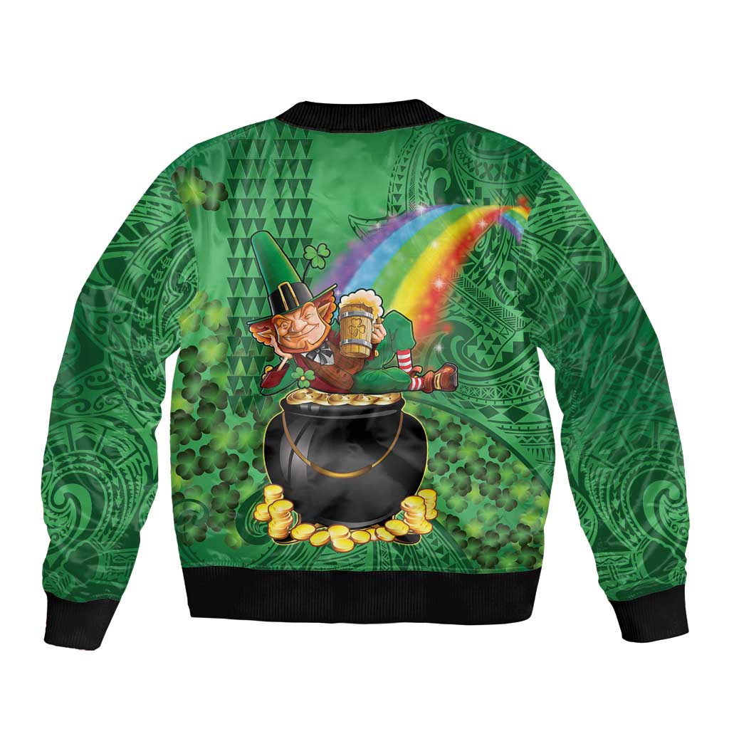 Hawaii Saint Patrick's Day Sleeve Zip Bomber Jacket Funny Leprechaun With Pot Of Gold - Polynesian Tattoo