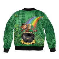 Hawaii Saint Patrick's Day Sleeve Zip Bomber Jacket Funny Leprechaun With Pot Of Gold - Polynesian Tattoo