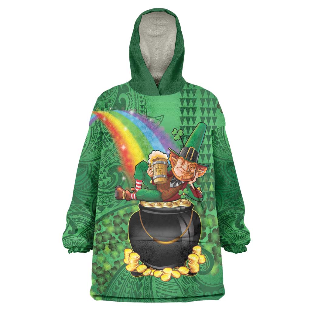 Hawaii Saint Patrick's Day Wearable Blanket Hoodie Funny Leprechaun With Pot Of Gold - Polynesian Tattoo LT14 One Size Green - Polynesian Pride