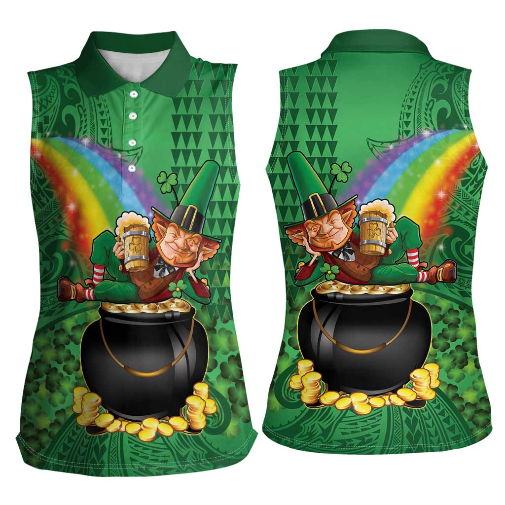 Hawaii Saint Patrick's Day Women Sleeveless Polo Shirt Funny Leprechaun With Pot Of Gold - Polynesian Tattoo