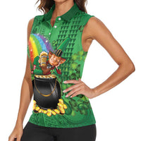 Hawaii Saint Patrick's Day Women Sleeveless Polo Shirt Funny Leprechaun With Pot Of Gold - Polynesian Tattoo