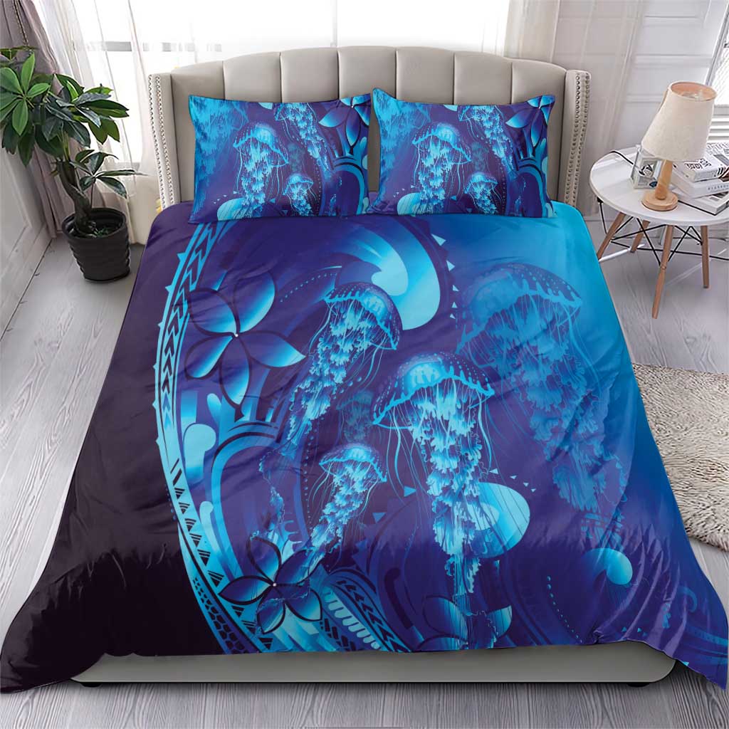 Purple Paradise Polynesia Jellyfish Bedding Set Plumeria Polynesian Tattoo Glowing Vibes