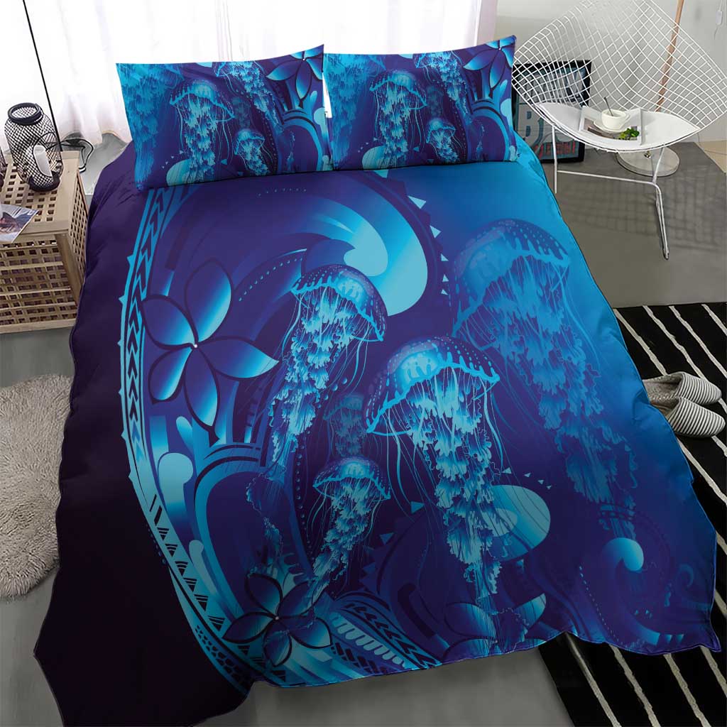 Purple Paradise Polynesia Jellyfish Bedding Set Plumeria Polynesian Tattoo Glowing Vibes