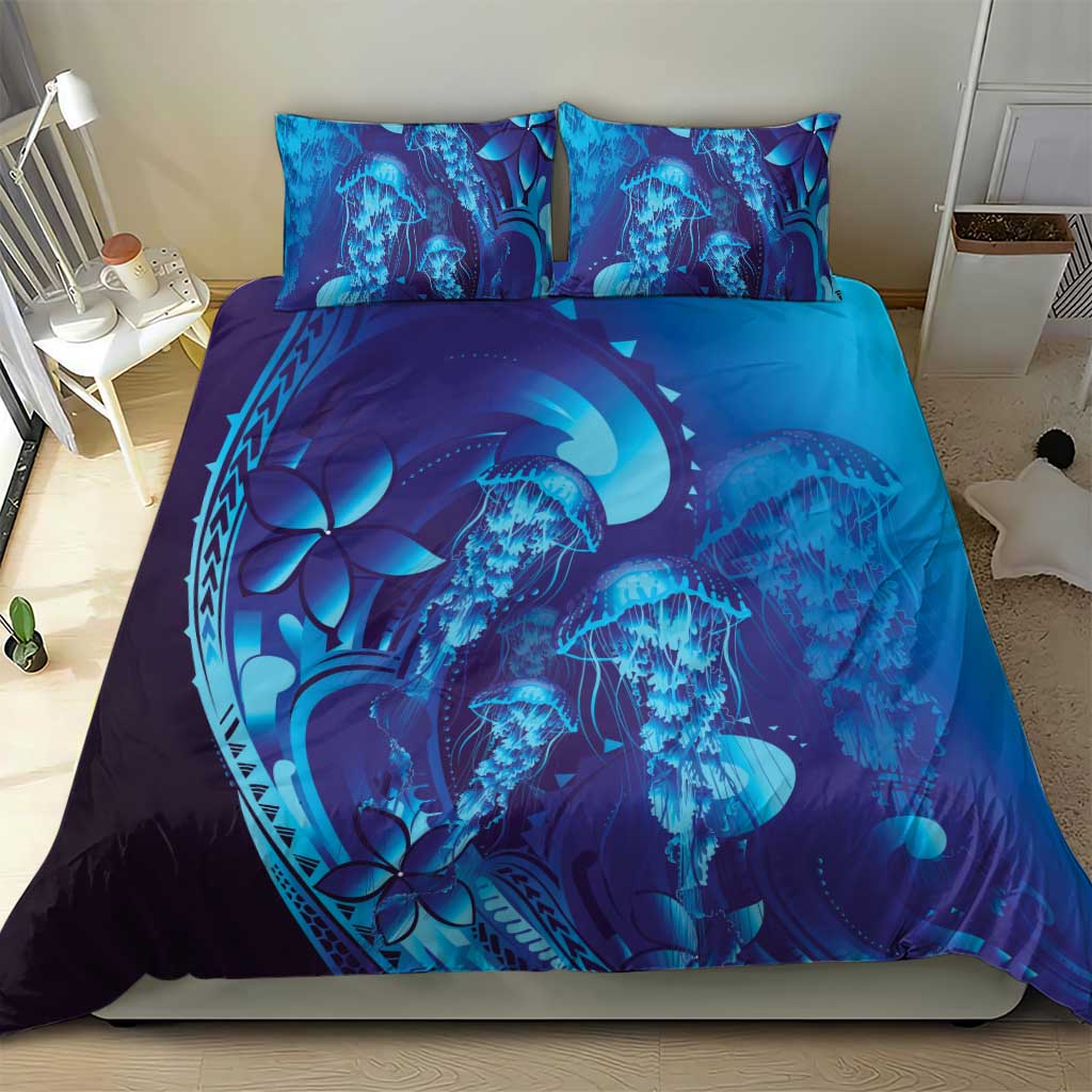 Purple Paradise Polynesia Jellyfish Bedding Set Plumeria Polynesian Tattoo Glowing Vibes