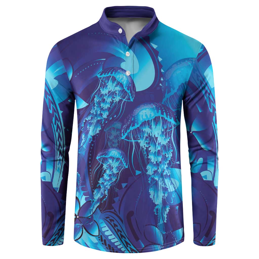 Purple Paradise Polynesia Jellyfish Button Sweatshirt Plumeria Polynesian Tattoo Glowing Vibes