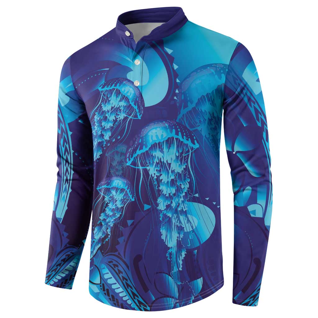 Purple Paradise Polynesia Jellyfish Button Sweatshirt Plumeria Polynesian Tattoo Glowing Vibes