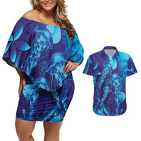 Purple Paradise Polynesia Jellyfish Couples Matching Off Shoulder Short Dress and Hawaiian Shirt Plumeria Polynesian Tattoo Glowing Vibes