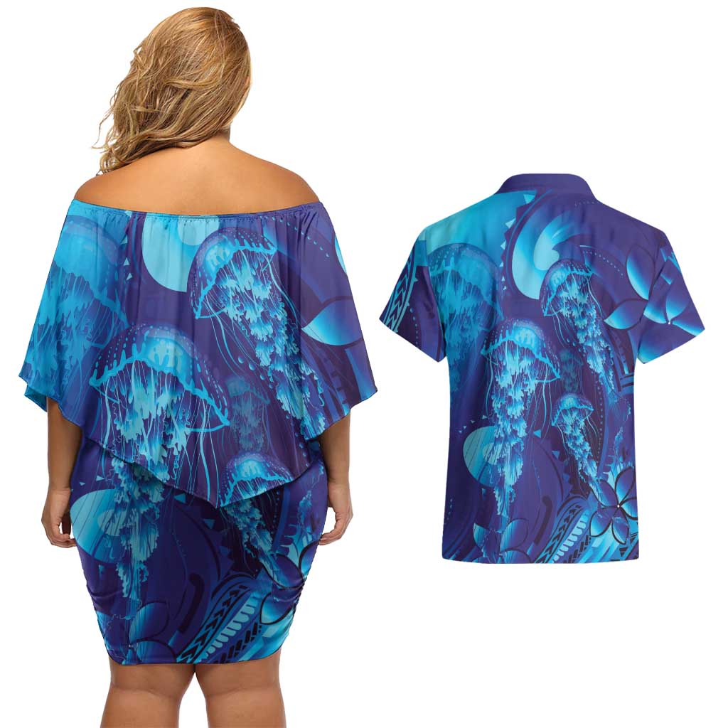 Purple Paradise Polynesia Jellyfish Couples Matching Off Shoulder Short Dress and Hawaiian Shirt Plumeria Polynesian Tattoo Glowing Vibes