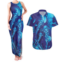 Purple Paradise Polynesia Jellyfish Couples Matching Tank Maxi Dress and Hawaiian Shirt Plumeria Polynesian Tattoo Glowing Vibes
