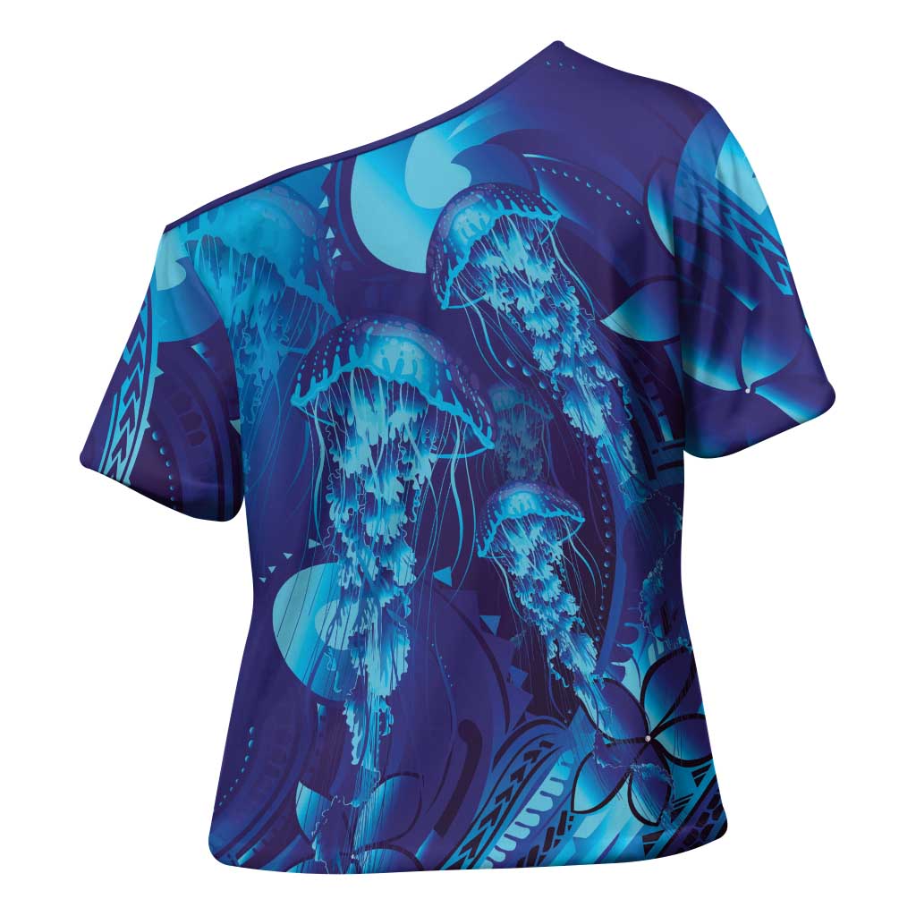 Purple Paradise Polynesia Jellyfish Cross Shoulder Shirt Plumeria Polynesian Tattoo Glowing Vibes LT14 - Polynesian Pride