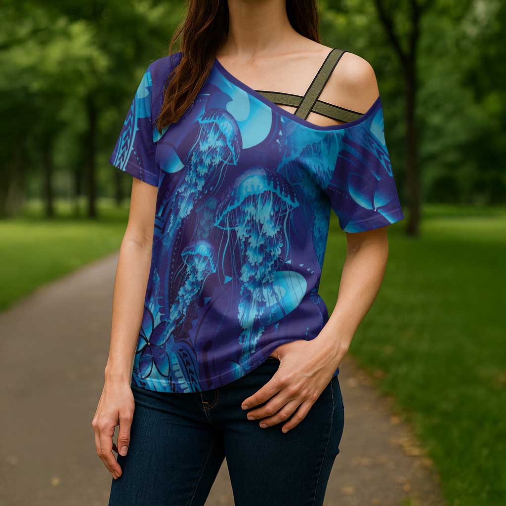Purple Paradise Polynesia Jellyfish Cross Shoulder Shirt Plumeria Polynesian Tattoo Glowing Vibes LT14 - Polynesian Pride